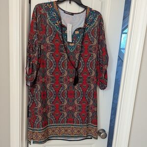 Elegant Paisley Mini Dress in Red and Blue